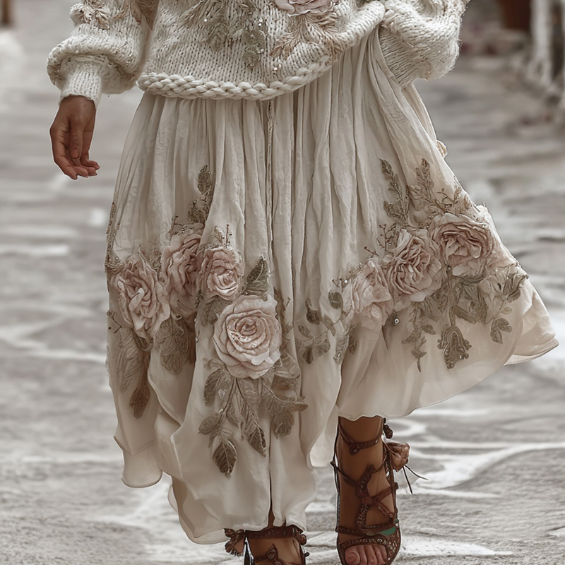 Classic Rose Art Cozy Knit V Neck Sweater And Linen Skirt Two-piece Set