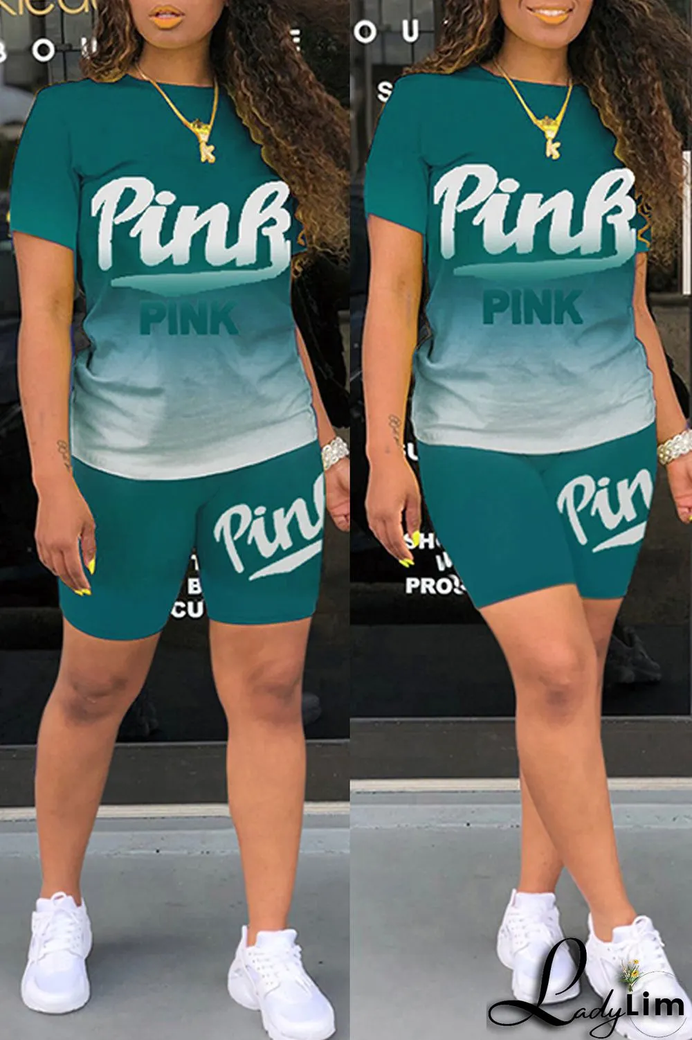 Green Fashion Casual Gradual Change Letter Print Basic O Neck Short Sleeve Two Pieces