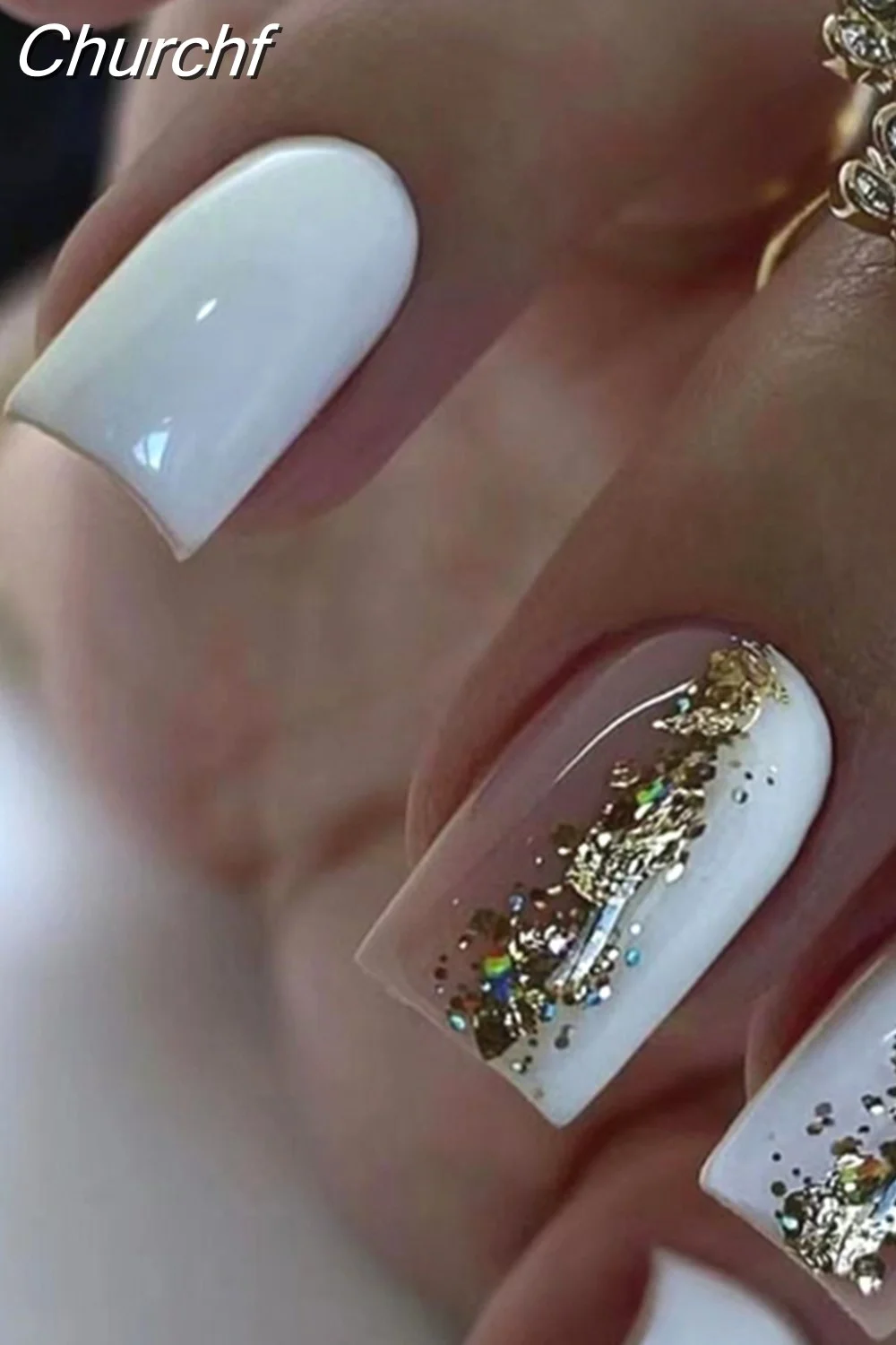 Churchf Drill False Nails Set Simple French Short Square Head Nails Manicure Fashion Full Cover Fake Nail Tips Press on Nails-Nail Inspo