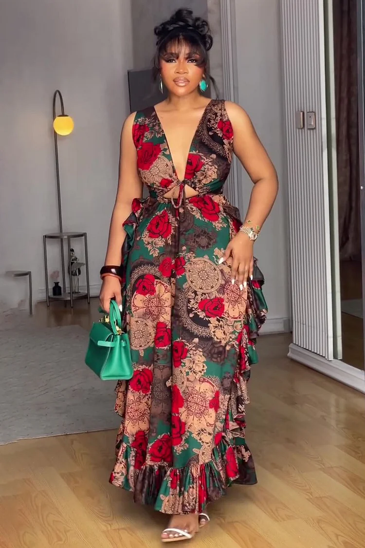 Deep V Neck Sleeveless Floral Print Ruffle Party Maxi Dresses-Red [Pre Order]
