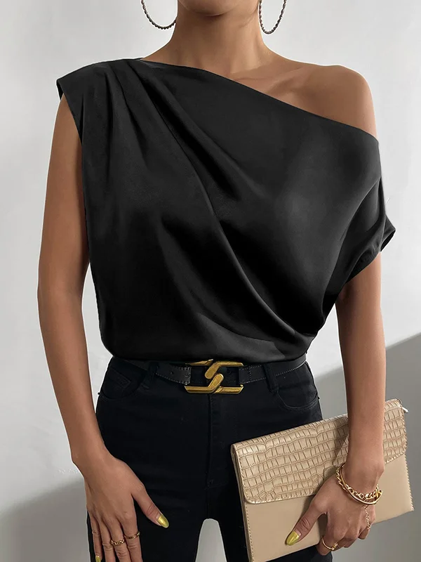 Roomy Asymmetric Pure Color One-Shoulder Blouses&Shirts Tops