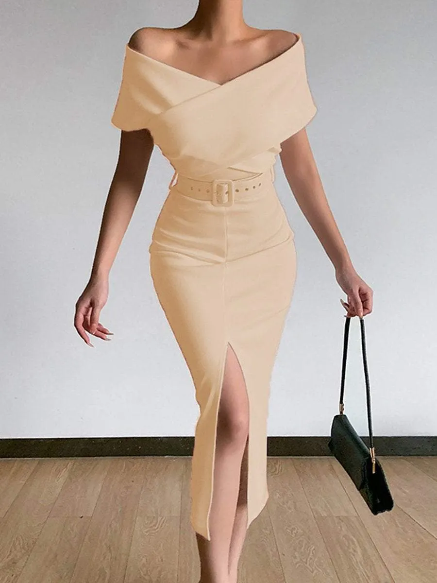 New Off Shoulder Belt Slit Evening Dress