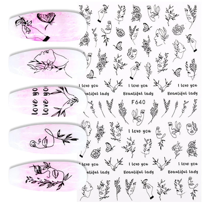 1PC 3D Nail Sticker Stick Figure Woman Face Pattern Special Transfer Picture Flowers Sliders Sticker DIY Nail Art Decoration