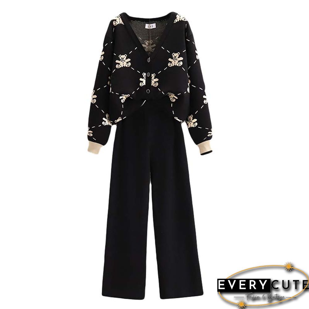 Plus Size Bear Print Cardigan Sweater Pants Two Pieces Set