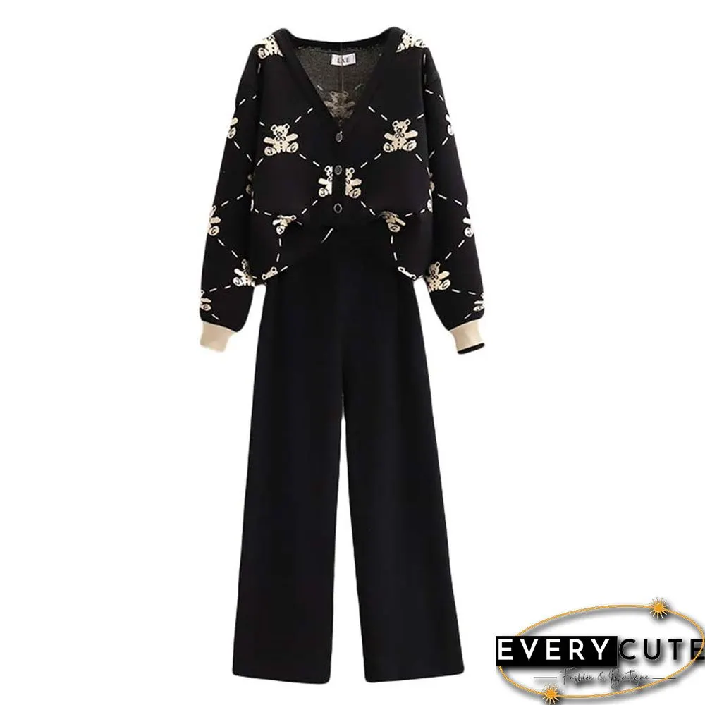 Plus Size Bear Print Cardigan Sweater Pants Two Pieces Set
