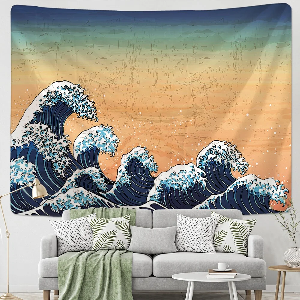 Nigikala Kanagawa Waves Printed Hanging Tapestry Sun Wall Hanging Tapestries Boho Bedspread Yoga Mat Blanket