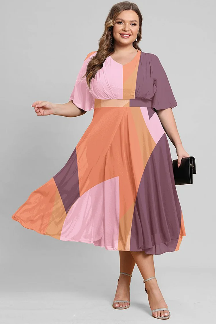 Flycurvy Plus Size Semi Formal Purple V Neck Layered Hem Tunic Tea-Length Dress  Flycurvy [product_label]
