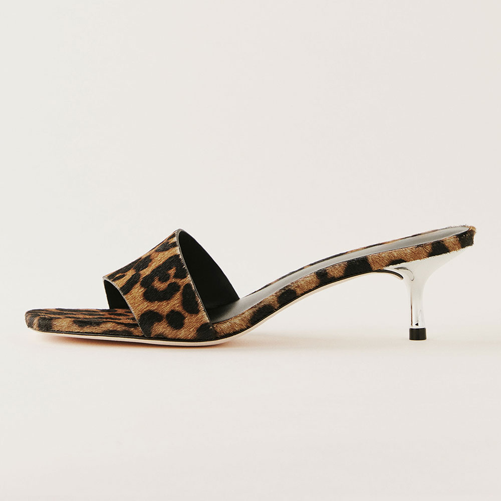 Black & Brown Leopard Print Open Square Toe Kitten Heel Mules Sandals Nicepairs