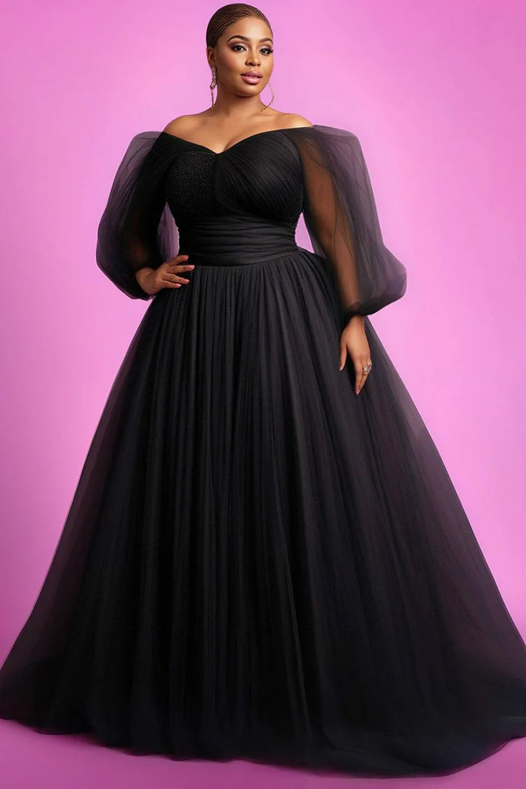 Xpluswear Design Plus Size Wedding Black Off The Shoulder Puff Sleeve Long Sleeve See Through Elegant Tulle Maxi Dresses [Pre-Order]