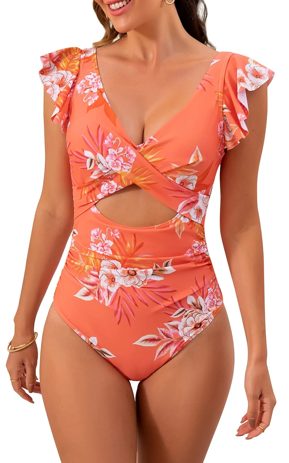 Ruffle Cutout Tummy Control V Neck Wrap One Piece Swimsuit 