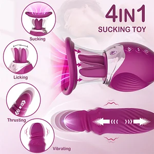 Rose Sex Toy 4 In1 Tongue Licking Thrusting G Spot Vibrator Clitoral Nipple Sucker Pump Stimulator