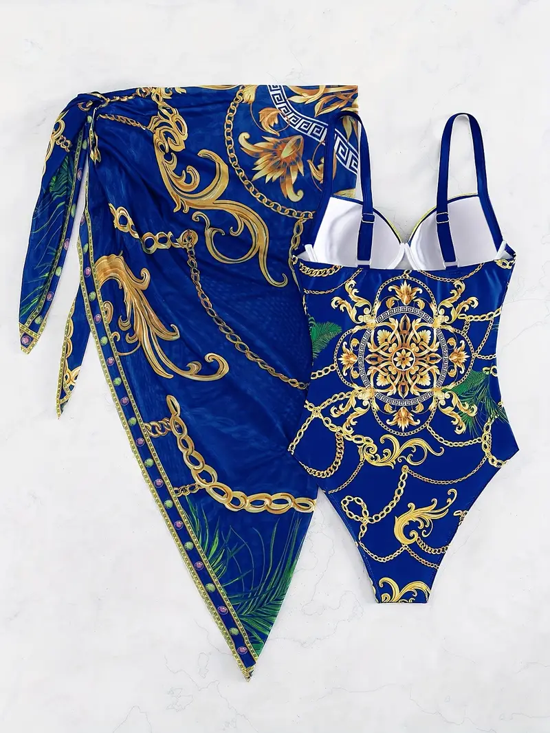 chain print baroque floral sweetheart neckline elegant 2 piece swimsuits spaghetti strap vintage   bathing suit cover up skirt womens swimwear clothing for holiday details 2