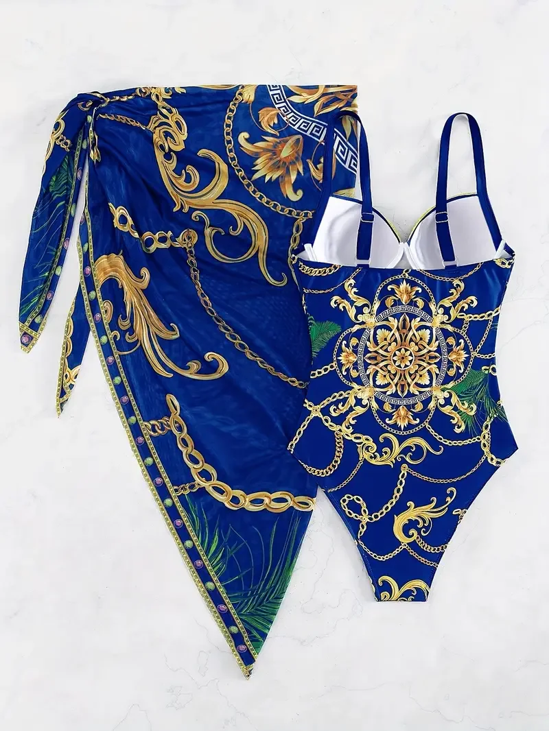 chain print baroque floral sweetheart neckline elegant 2 piece swimsuits spaghetti strap vintage   bathing suit cover up skirt womens swimwear clothing for holiday details 2