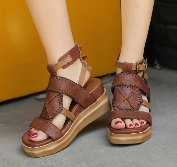 VCSHOES Brown Pink Girls Open Toe Genuine Leather Retro Buckles Platform Wedge Sandals Casual High Heels Shoes Lady