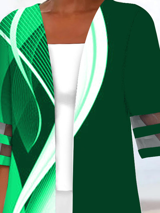 Women Half Sleeve Scoop Neck Striped Printed Colorblock Two-Pieced Tops