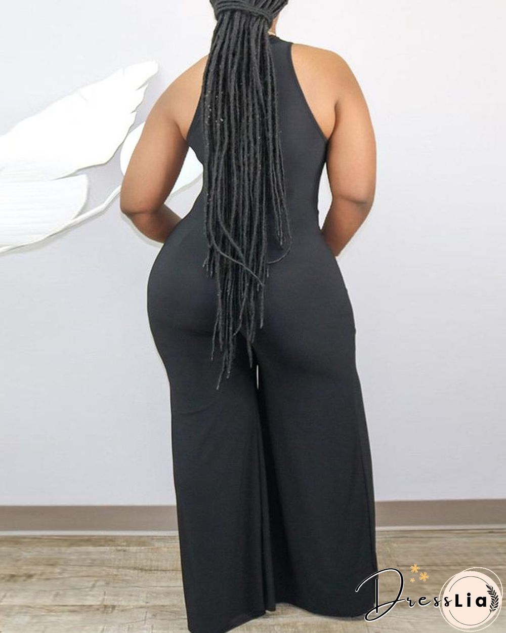 Plus Size Sleeveless Sheer Mesh Plunge Jumpsuit