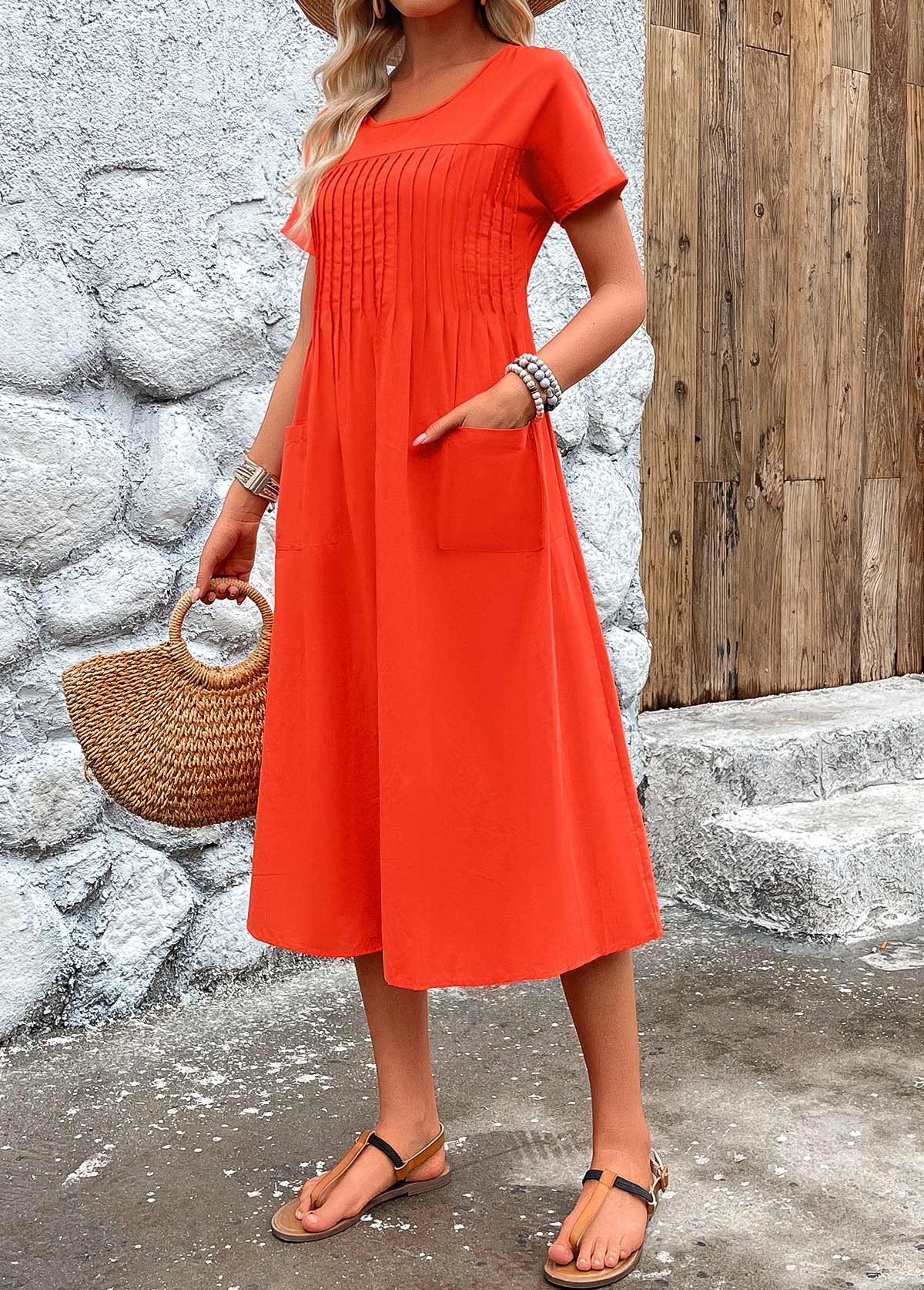 MODLILY DESIGN Navy Tuck Stitch Short Sleeve Round Neck Dress