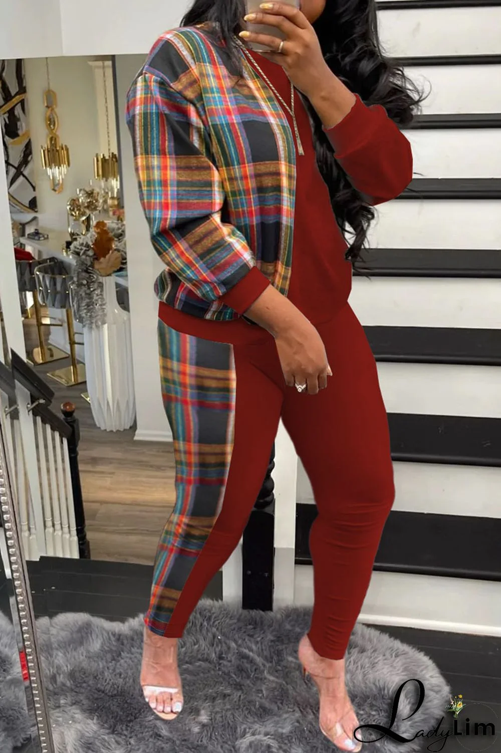 Grey Casual Plaid Print Patchwork O Neck Long Sleeve Two Pieces