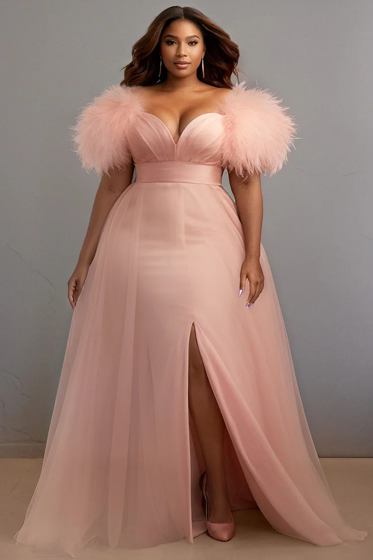 Xpluswear Design Plus Size Formal Pink V Neck Short Sleeve Feather Elegant Split Tulle Maxi Dresses [Pre-Order] 2024 - Xpluswear
