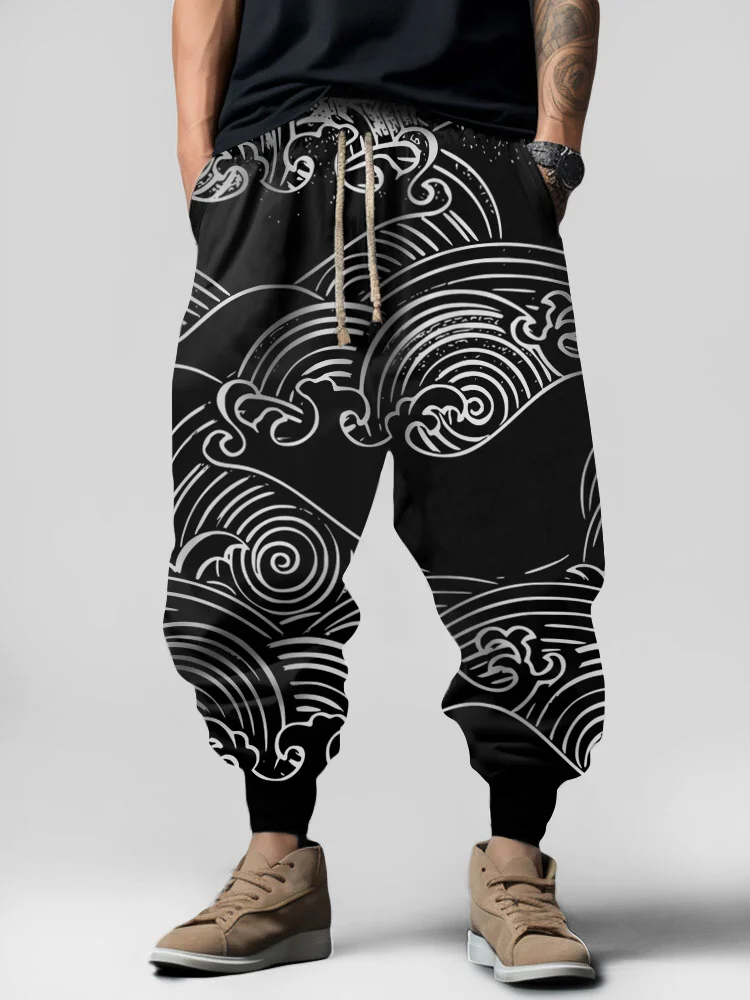Men's Wave Print Vintage Sweatpants