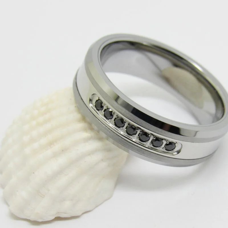 6MM 8MM Mens Tungsten Carbide Rings White Tungsten Carbon Fiber Polished Beveled Edge CZ Stone Channel