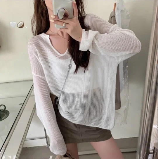 Churchf Churchf New Korean Loose Lazy Wind Long Sleeve Large Version V-Neck Ice Silk Jacket Women's Spring And Summer Thin Hollow Out Sweater