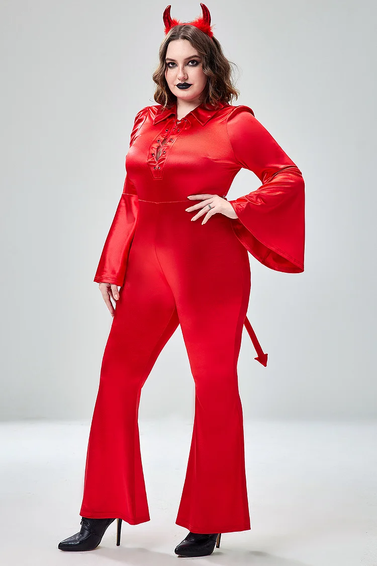 Xpluswear Design Plus Size Halloween Costume Gothic Red Satin Cosplay Trumpet Sleeve Jumpsuits (Without Headwear) [Pre-Order]