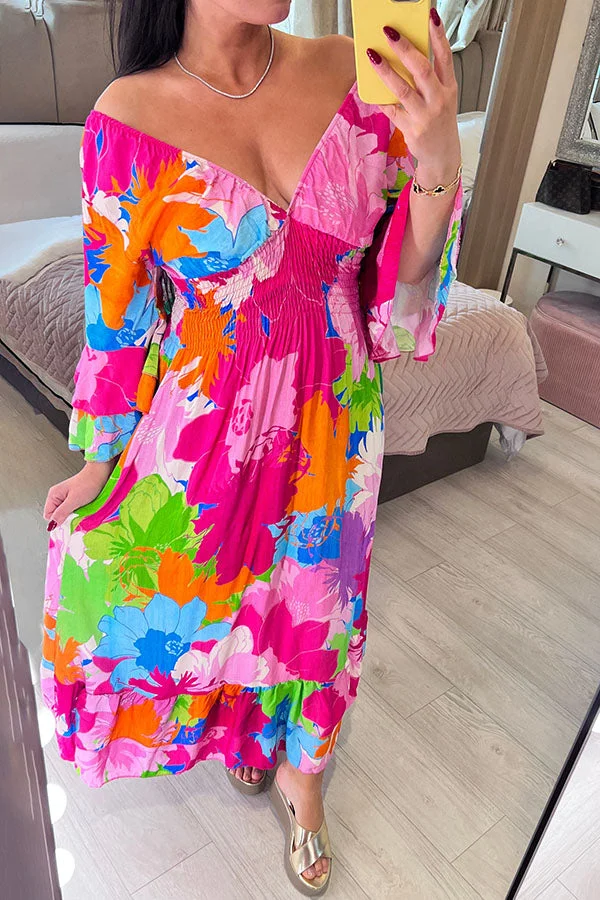 Vestido maxi com estampa floral com babados e bainha