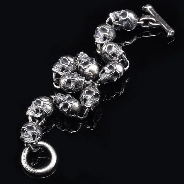 Sterling Silver Punk Skulls Link Chain Bracelet