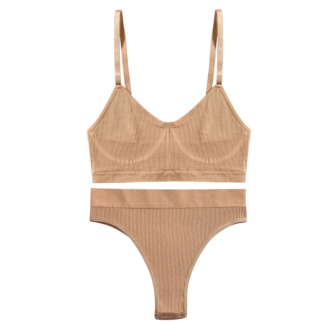 FINETOO Women Seamless Bra Set Push Up 1 Camis+1 Panty Lingerie Sports Underwear Active Sexy Thong Bra Fitness Bikini Crop Top