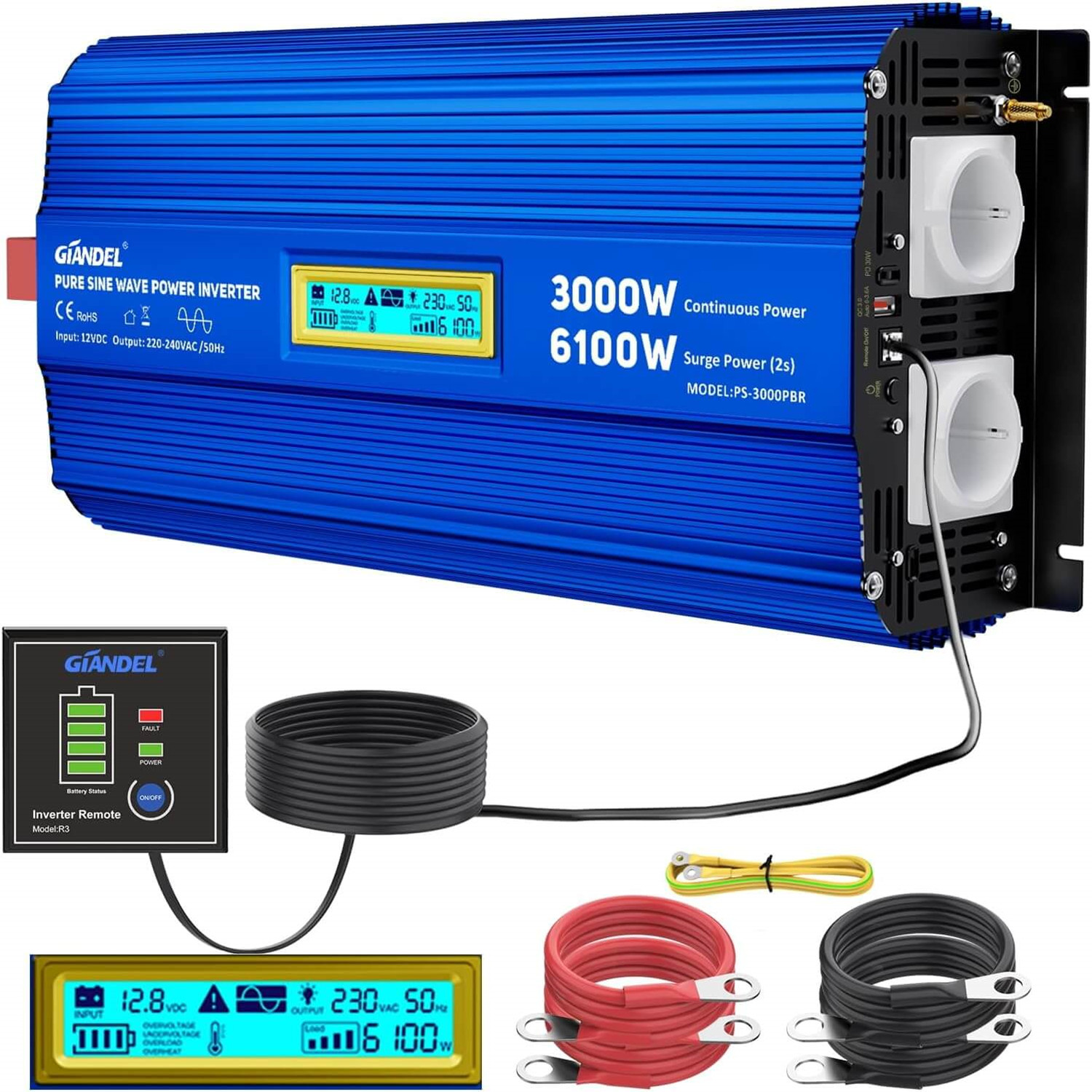  3000W  Reiner Sinus Wechselrichter  12V auf 230V Spitzenleistung 6100W 