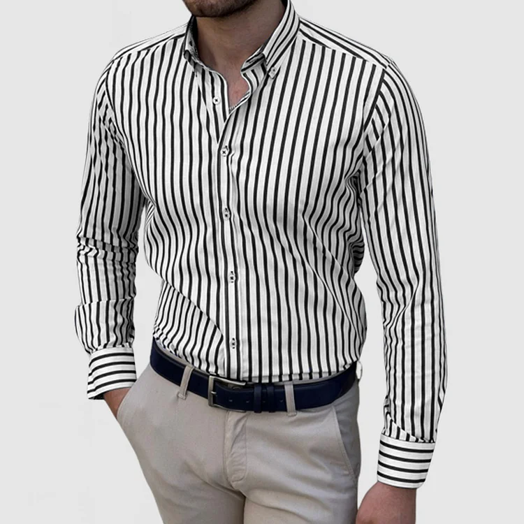 Men's Classic Basic Striped Long-Sleeved Shirt