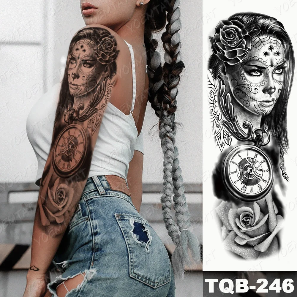 Large Arm Sleeve Tattoo Lion Cross Prayer Waterproof Temporary Tatto Sticker Tiger Beach Compass Body Art Full Fake Tatoo Men