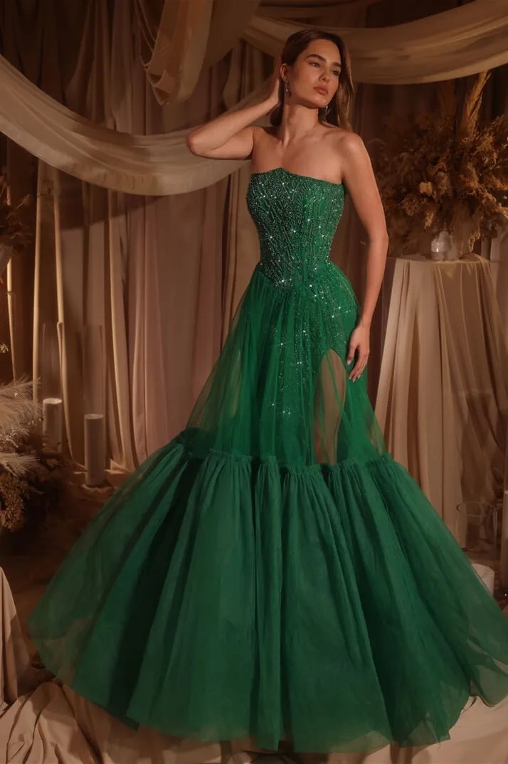 Lussooy Dark Green Tulle Stunning Sleeveless Strapless Long Sequins Prom Dress with Split 