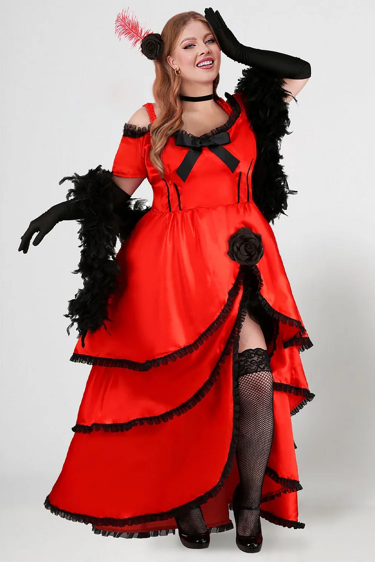 Xpluswear Design Plus Size Halloween Dress Red Short Sleeve Ruffle Tiered High Lowal Maxi Dress（Ships 24h）