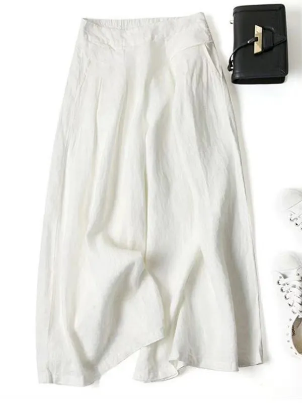 Women Summer Retro Pure Color Ramie Wide-leg Pants