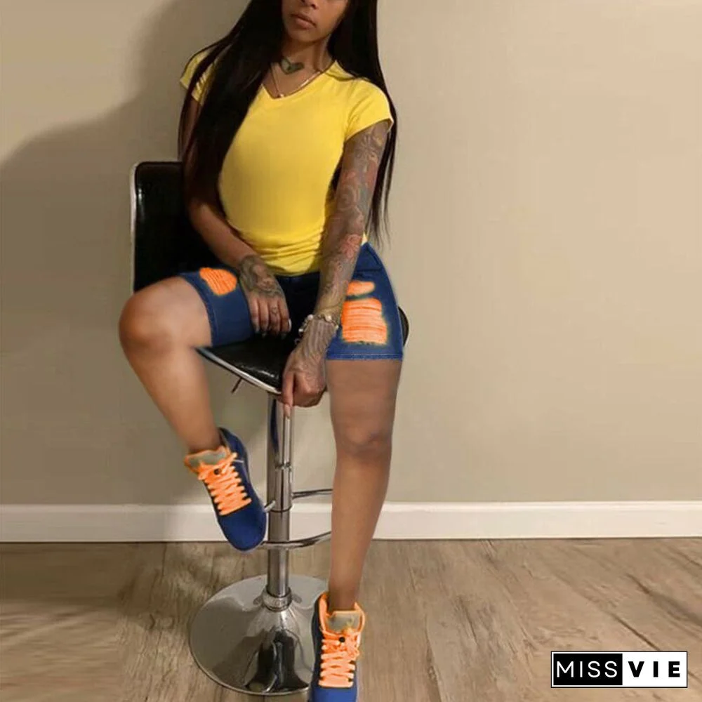 Women's Jeans Yellow Yarn Holes Shorts