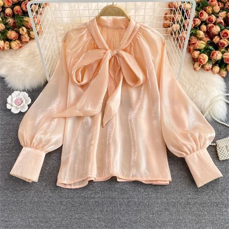 Applyw Women Blouses Shirts 2023 Summer Chiffon See Throught Office Ladies Blouse Fashion Puff Sleeve Lace Up Shirts Tops Black
