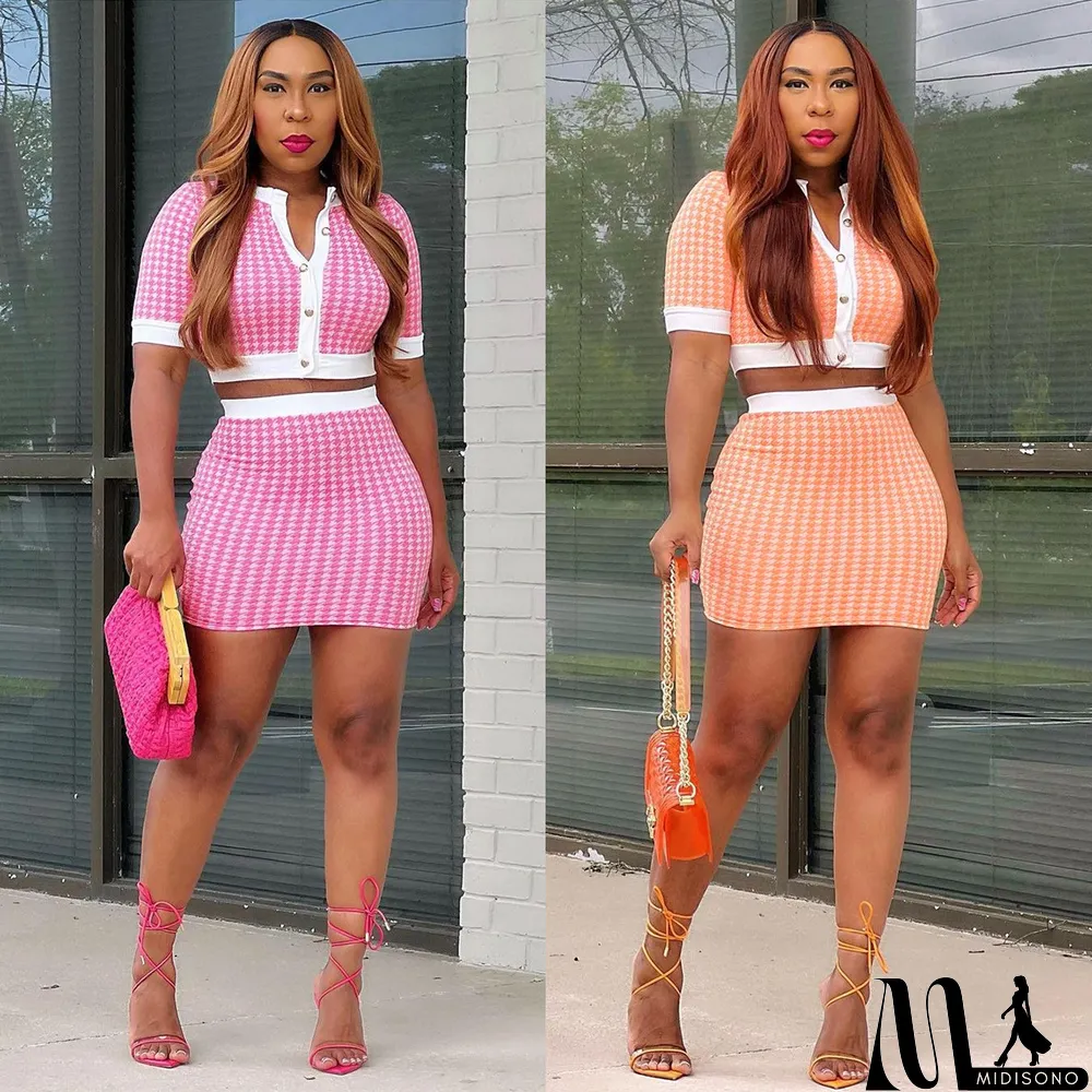 MidiSono - Houndstooth Print Crop Top Mini Skirt 2 Piece Sets