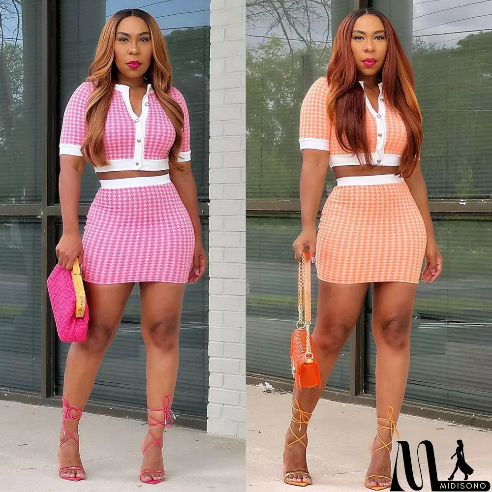 MidiSono - Houndstooth Print Crop Top Mini Skirt 2 Piece Sets