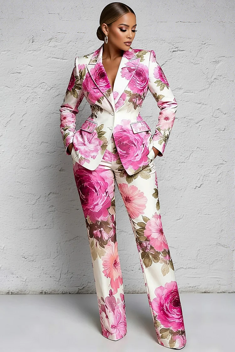 Xpluswear Design Plus Size Formal Pink Floral Lapel Collar Long Sleeve Pocket Two Piece Pant Suits 2024 - Xpluswear