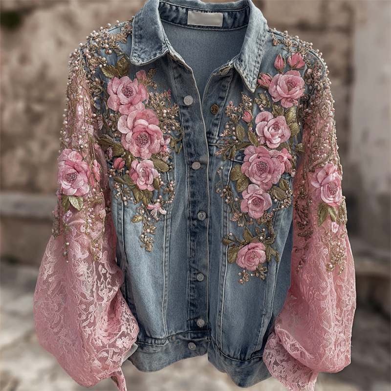 Vintage Pink Flowers Glitter Embroidered Denim Jacket