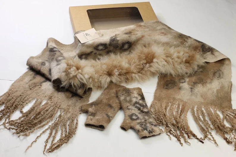 Felt Scarf with Alpaca and Sheep Fleece Fringe, Animal Print Scarf and Fingerless Gloves , Beige and Brown Winter Women's Scarf-Global Online Discount Store