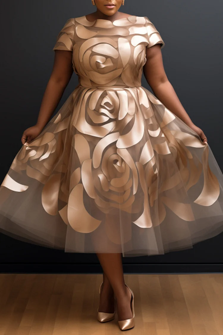 Xpluswear Design Plus Size Wedding Guest Champagne Floral Round Neck Short Sleeve See Through Elegant Midi Dresses [Pre-Order]