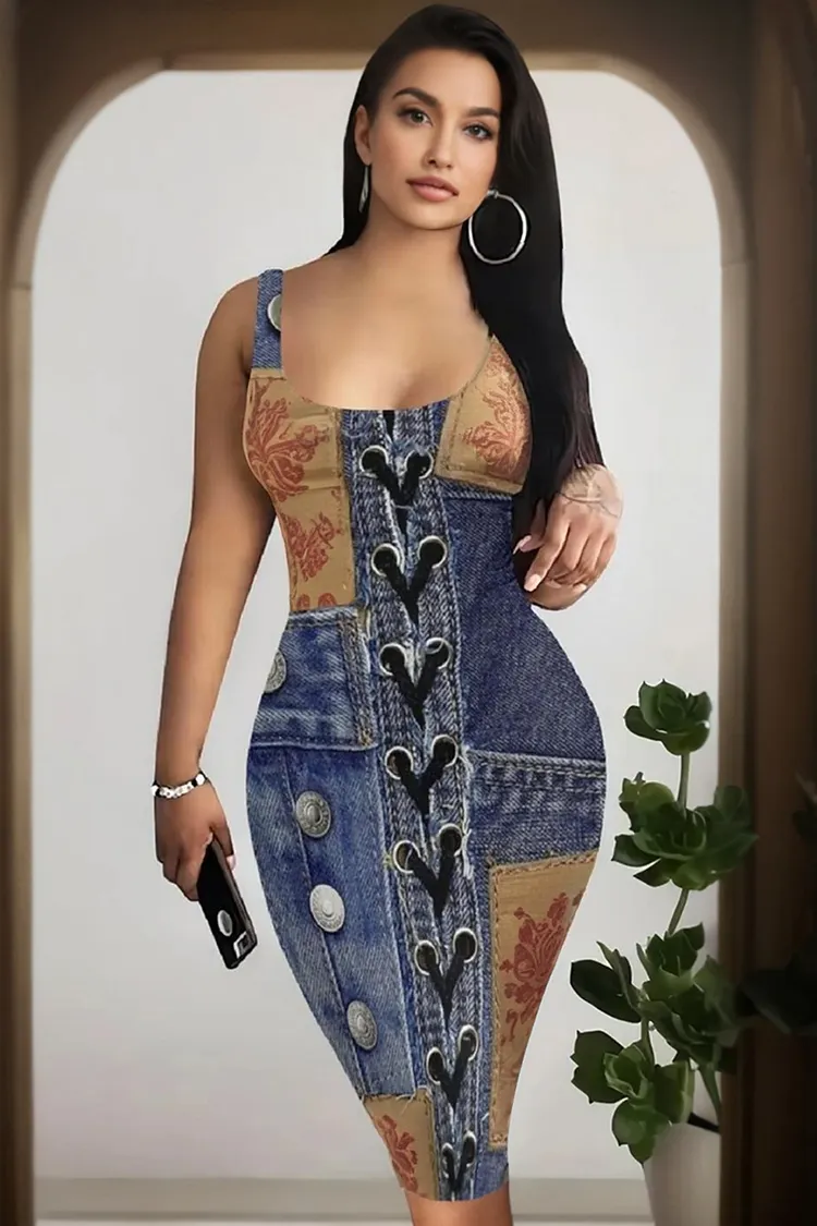 Plus Size Vacation Blue Casual Graphic Square Neck Bodycon Midi Dresses 2024 - Xpluswear