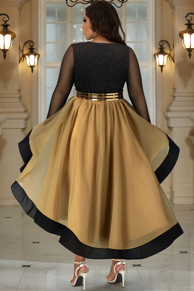 Xpluswear Design Plus Size Cocktail Party Black Gold V Neck Long Sleeve High Low Hem Tulle Midi Dresses [Pre-Order]