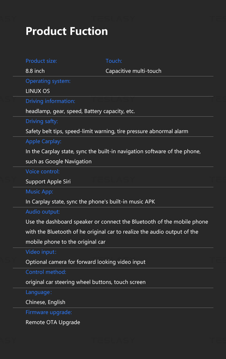 TESLASY Model 3/Y/Model 3 Highland T8 8.8-inch / T6 (6.2-inch) Center Console Dashboard Touch Display Dashboard Instrument Cluster