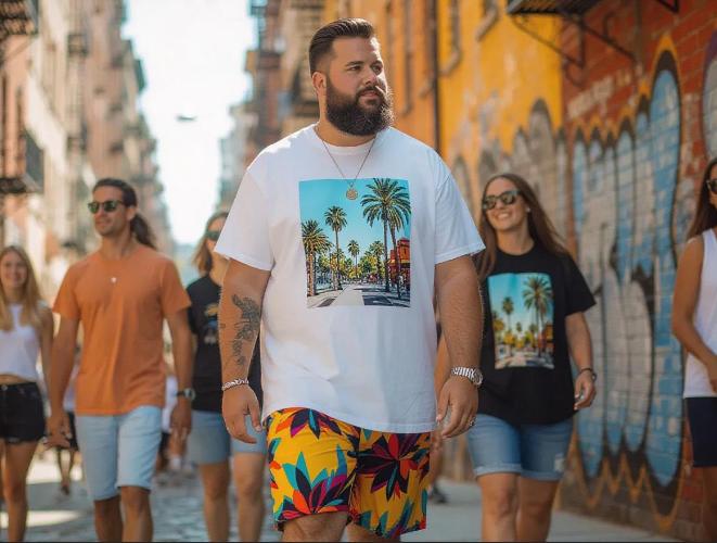 A big guy walking on the street with big and tall set.