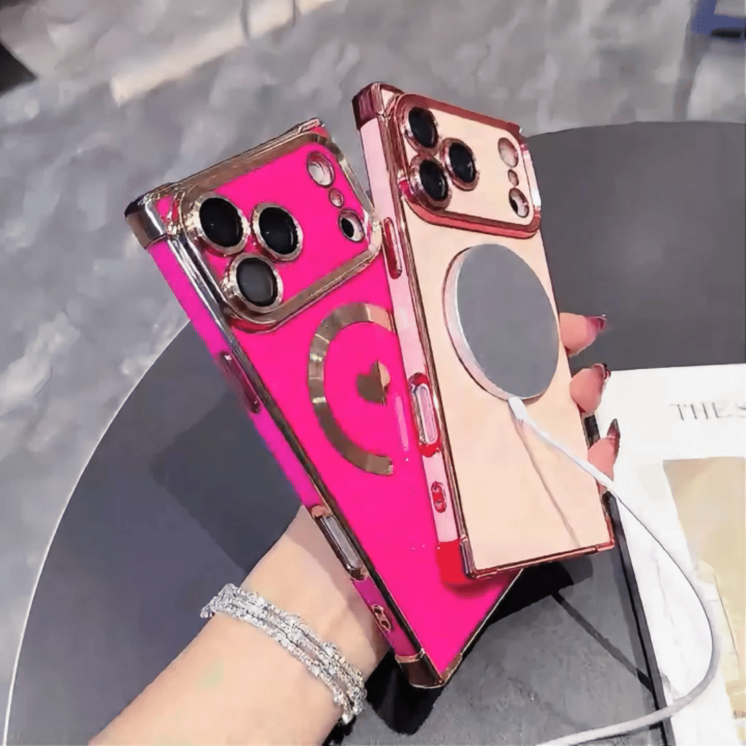 FANGCASE iPhone 17 Pro Max heart magnetic cases in hot pink and champagne gold with electroplated edges and MagSafe charging, real machine mold