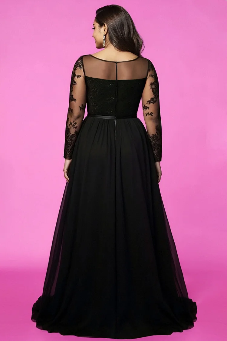 Xpluswear Design Plus Size Wedding Black Boat Neck Long Sleeve See Through Elegant Split Chiffon Lace Maxi Dresses [Pre-Order]